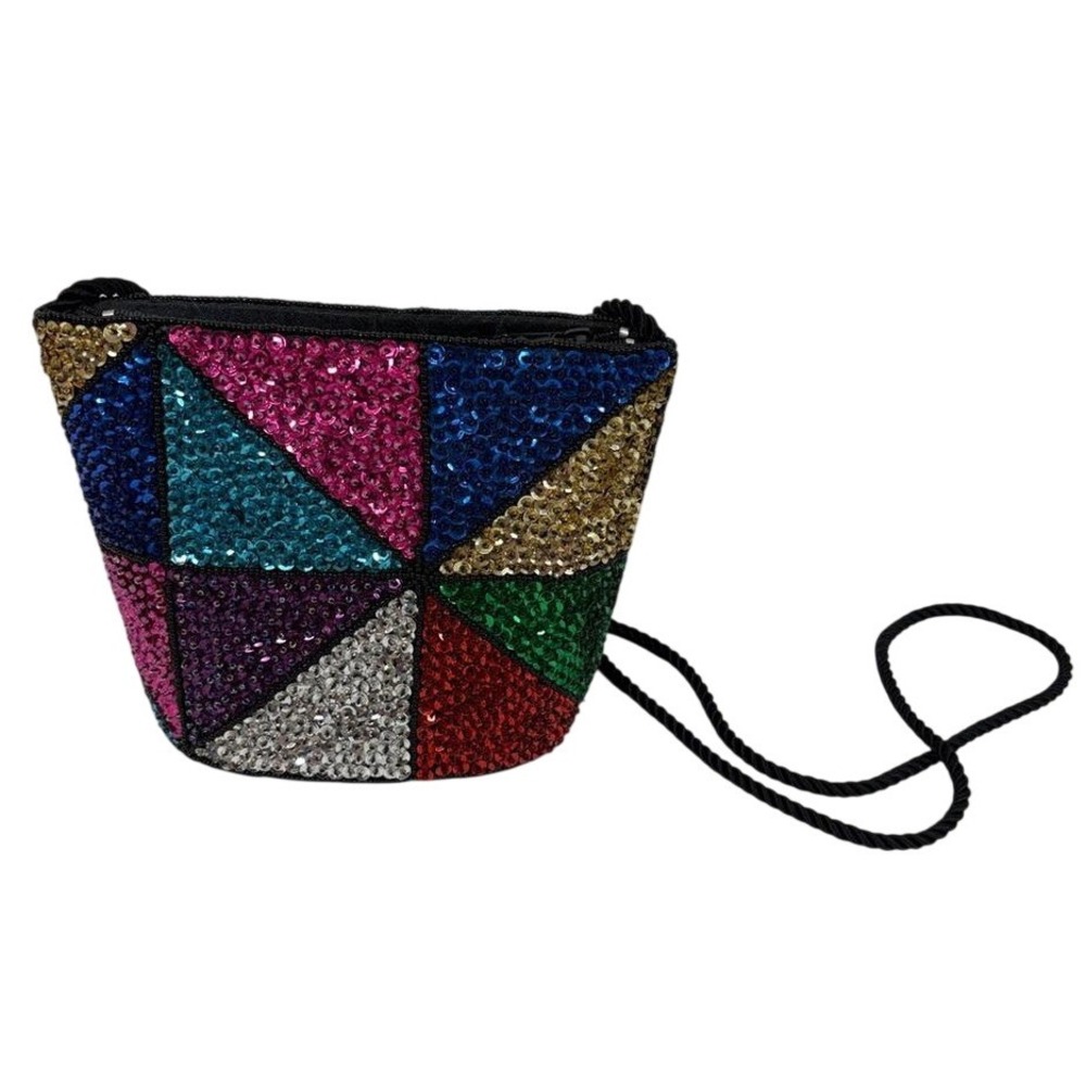 Vintage 80s 90s Retro‎ Multicolor Sequin Triangle Crossbody Bag
